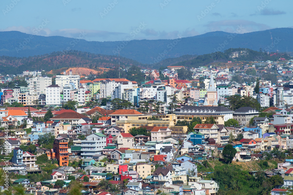 Landscape of the city of Da Lat in the sunny day, Vietnam. Top view