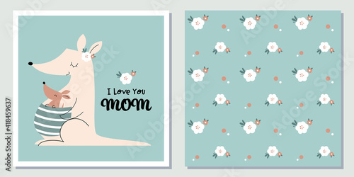 Mother's Day card and seamless pattern set with cute Kangaroo and flowers.