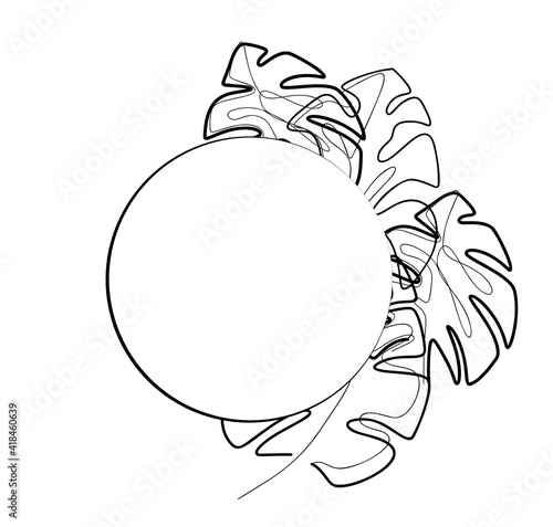 Round frame with contour monoline monstera leaves. Natural template with tropical foliage. Trendy monochrome vector postcard, card and banner