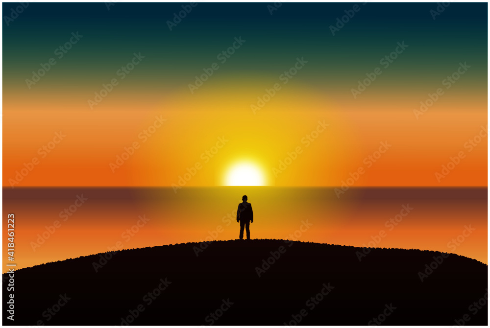 Lonely silhouette on sunset. Nature landscape background,  evening or morning view vector illustration