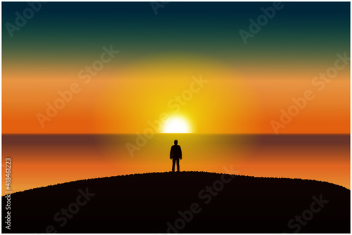 Lonely silhouette on sunset. Nature landscape background, evening or morning view vector illustration