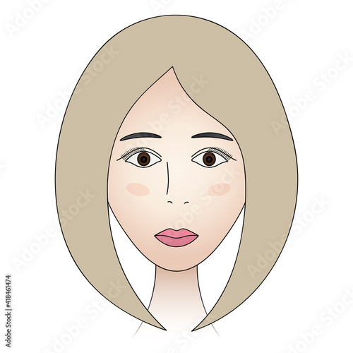 Womans face. Lady full face. Colored vector illustration. Cute blonde with brown eyes. Classic bob hairstyle. There is a gentle blush on her cheeks. Long eyelashes. Black eyebrows. 