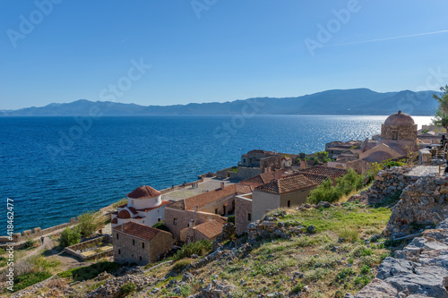 View of the medieval castle of Monemvasia, Lakonia, Peloponnese, Greece