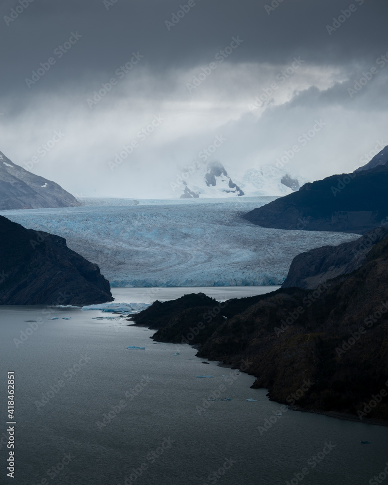 A view of Grey glacier seen from a distant lookout, in Chile