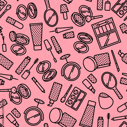 Vector seamless pattern of cosmetics elements with flat line icons