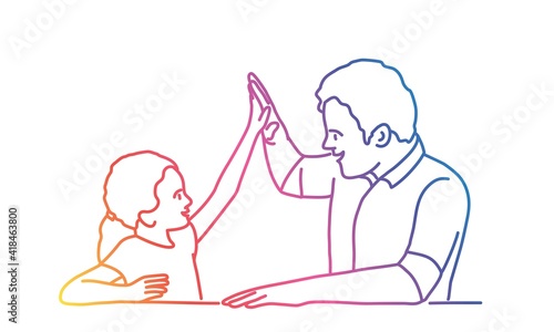 Happy dad and little daughter give high five. Colored line. Vector illustration.