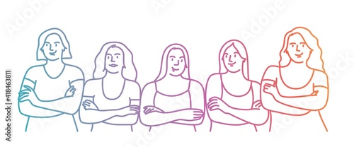 Sport young girls stand with crossed arms. Colored line. Vector illustration.