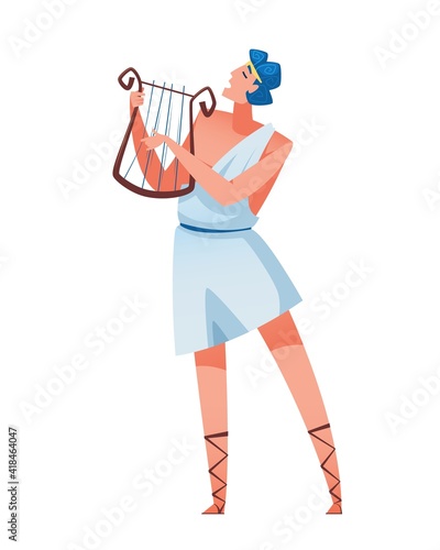 Apollo. Ancient young greek god plays the harp and sings. The mythological deity of Olympia. Vector illustration.
