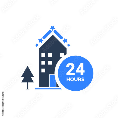 Hotel 24 hours service icon. Hotel icon, resort icon with the watch, hotel with time icon with vector illustration.