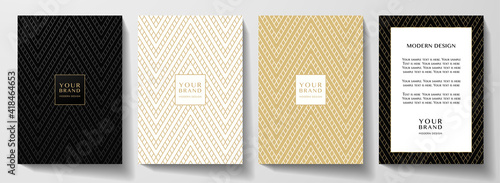 Modern black cover, frame design set. Luxury creative line pattern (herringbone ornament) in premium colors: black, gold, white. Formal vector layout for notebook, business poster, brochure template