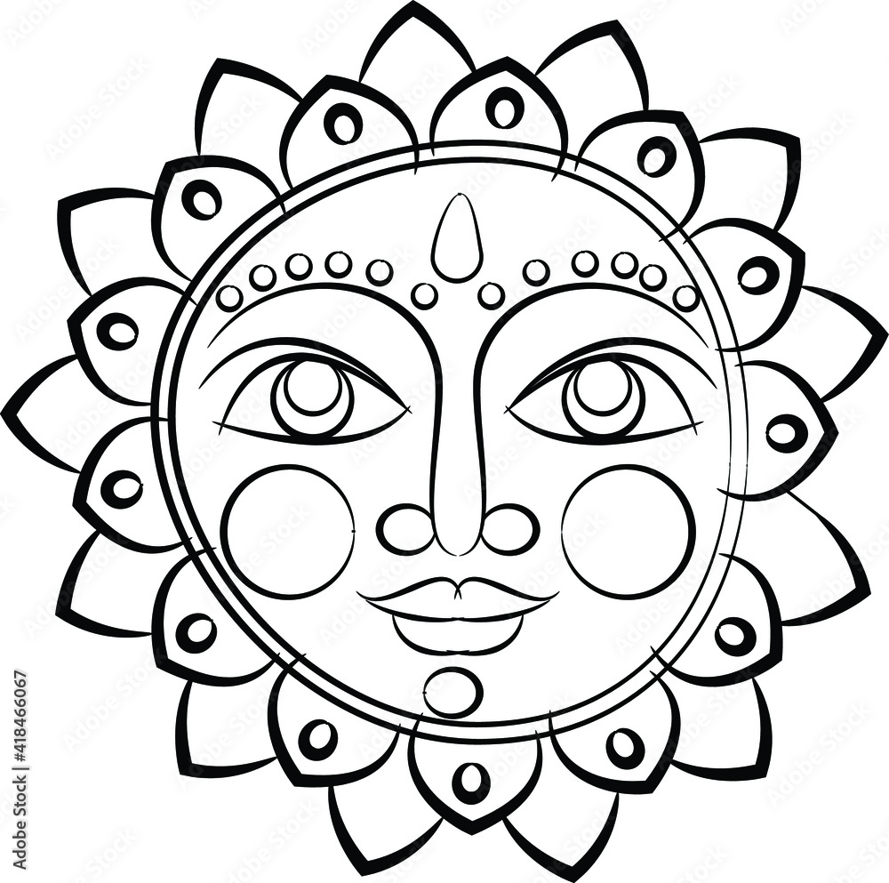 God Surya or sun in Indian folk art Pinguli style. for textile printing, logo, wallpaper