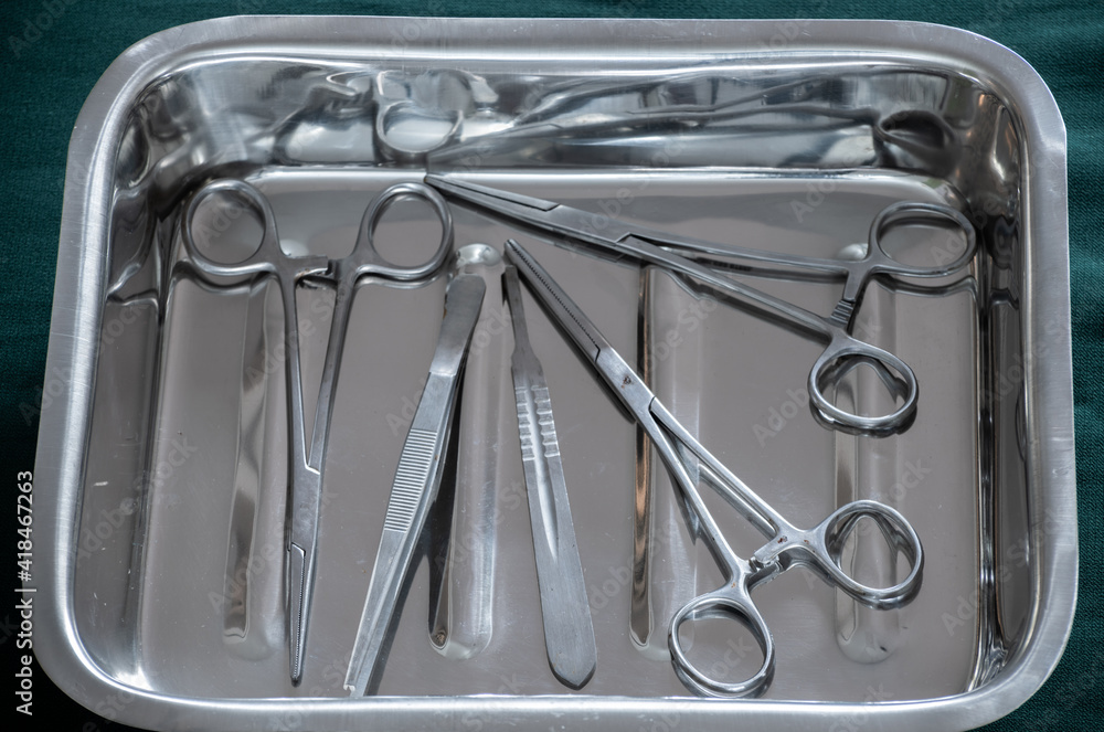 Hemostatic Forceps scissors and dressing forceps in stainless steel container tray. Hemostatic Forceps scissors and dressing forceps in stainless steel container tray.
