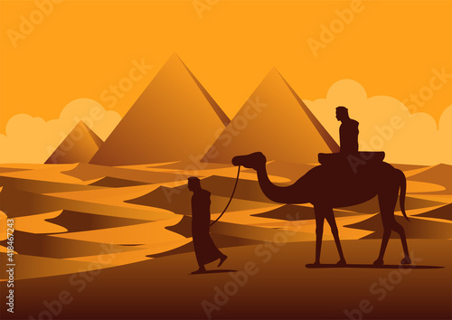 Silhouette design of men and camel walking across desert