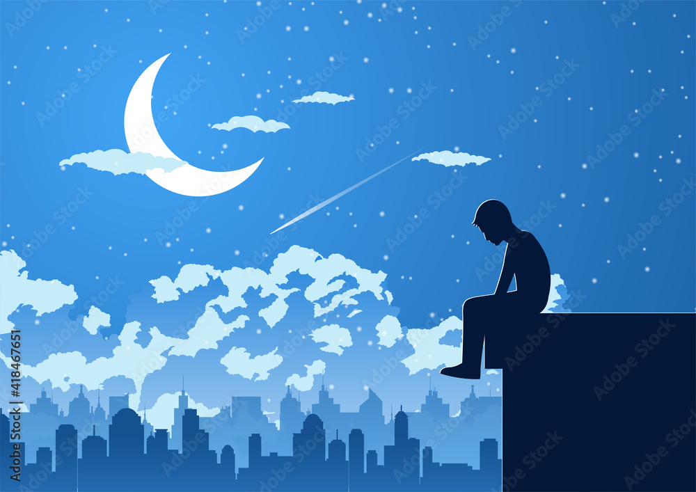 Silhouette design of lonely young man on silent night at the top of building