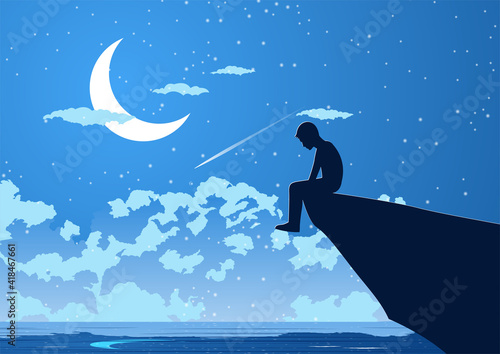 Silhouette design of lonely young man on silent night at the peak of cliff