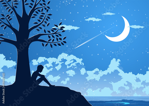 Silhouette design of lonely young man on silent night under a tree