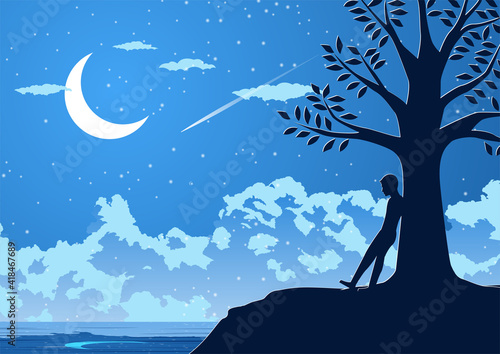 Silhouette design of lonely man on silent night at the riverside