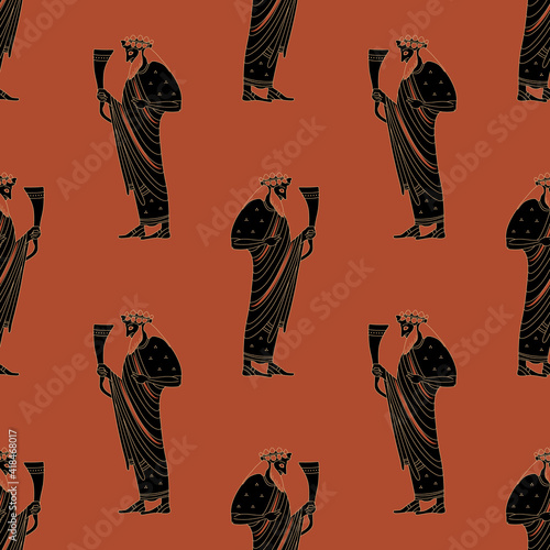 Seamless ethnic pattern with ancient Greek god Dionysus or Bacchus holding rhyton of wine. Vase painting style. 