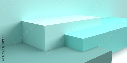 View on geometric studio scene. Stage podium in rectangular form. Empty showroom pedestal with soft shadow. Minimal platform in 3D render. Graphic design in opaque turquoise colors and copy space.