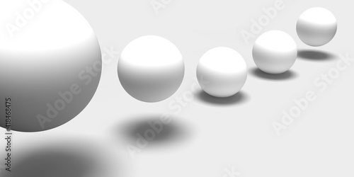 Floating wave of 3d rendered white sphere balls or orbs on light background in illustration design. Vector objects with dropped shadow and copy space. Graphic minimalist design