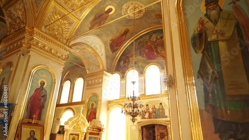 A christian orthodox church. Beautiful old temple. Wall painting in the church. Inside Interior of the christian orthodox church