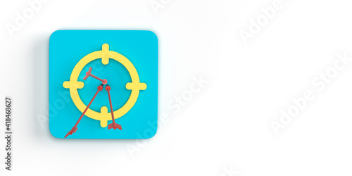 Ideas and innovation concept: 3D rendered blue square on white background with copy space. Yellow target board shape. Three red arrows hit the score. Aiming high and precise. Reaching goals.  © Stockwars