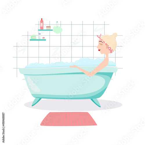 girl takes a bubble bath