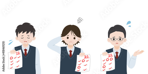 テスト　赤点を取る　学生　男子生徒　男の子　落ち込む　悩む　イラスト素材