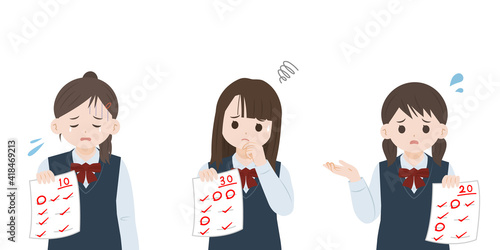 テスト　赤点を取る　学生　女子生徒　女の子　落ち込む　悩む　イラスト素材