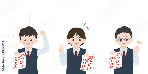 テスト　100点を取る　学生　男子生徒　男の子　喜ぶ　嬉しい　イラスト素材