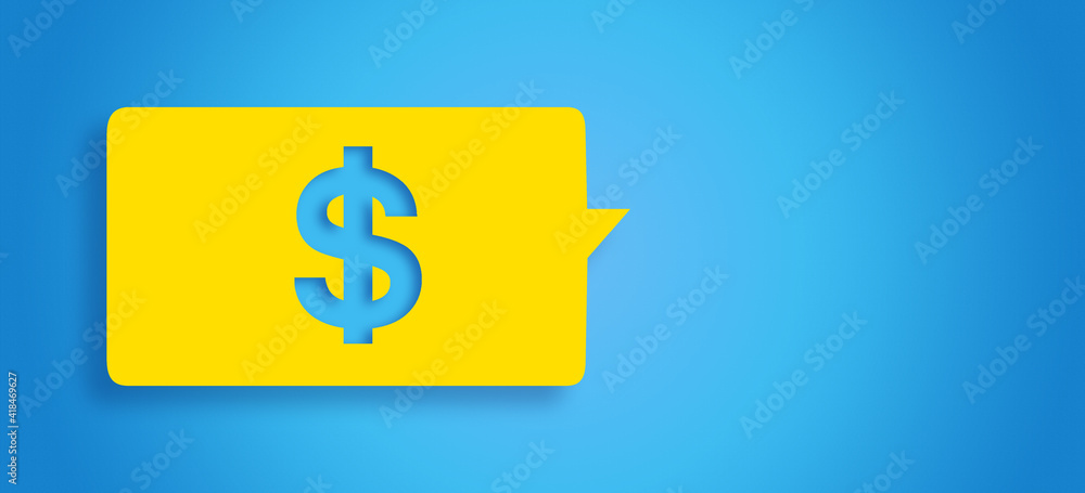 3D rendered stock market message in chat bubble concept: Isolated yellow bubble on blue background with copy space. American money symbol. Global currency US dollar or USD icon. Finance and economy. 3D rendered stock market message in chat bubble concept: Isolated yellow bubble on blue background with copy space. American money symbol. Global currency US dollar or USD icon. Finance and economy.