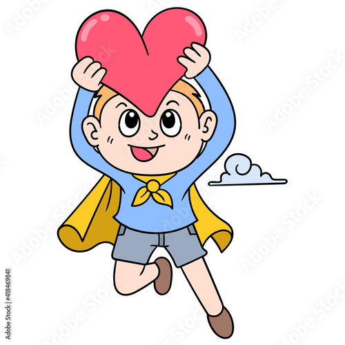 flying superhero boy carrying valentine heart, doodle icon image kawaii