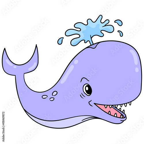 giant whale smiling happily playing water, doodle icon image kawaii