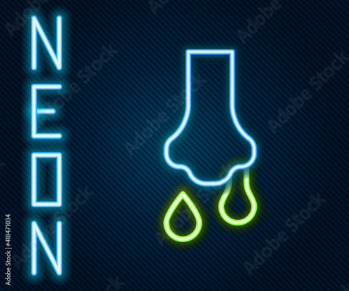 Glowing neon line Runny nose icon isolated on black background. Rhinitis symptoms, treatment. Nose and sneezing. Nasal diseases. Colorful outline concept. Vector.
