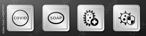 Set Corona virus covid-19, Bar of soap, Positive virus and Shield protecting from virus icon. Silver square button. Vector.