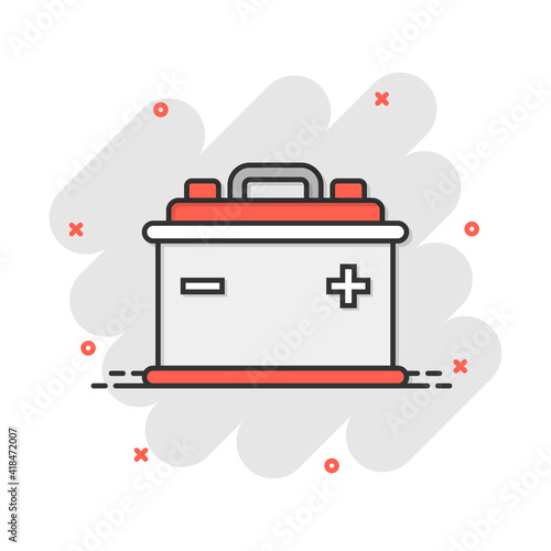 Vector cartoon car battery sign icon in comic style. Energy power sign illustration pictogram. Auto accumulator business splash effect concept.
