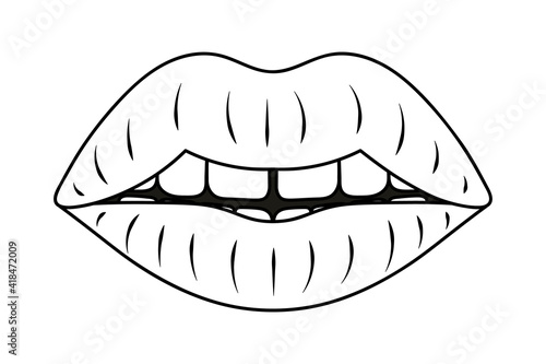 Plump lips. Sketch. The seductive mouth is slightly open. Vector illustration. Coloring book for children. Valentines Day. Doodle style. An even row of teeth with a gap in the middle. 