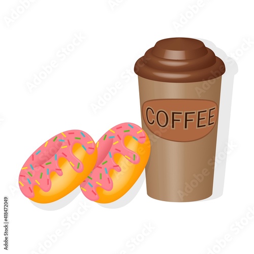 A glass of coffee and two glazed donuts isolated on a white background close-up. For menu design, advertising or packaging. Tasty breakfast.
