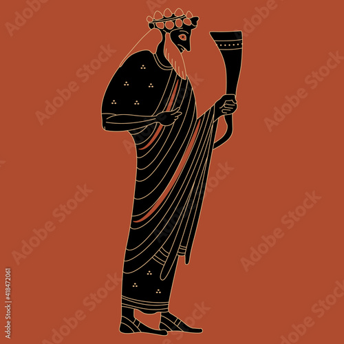 Ancient Greek god Dionysus or Bacchus holding rhyton of wine. Vase painting style. Isolated vector illustration.
