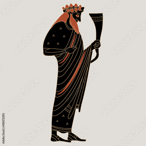 Ancient Greek god Dionysus or Bacchus holding rhyton of wine. Vase painting style. Isolated vector illustration.