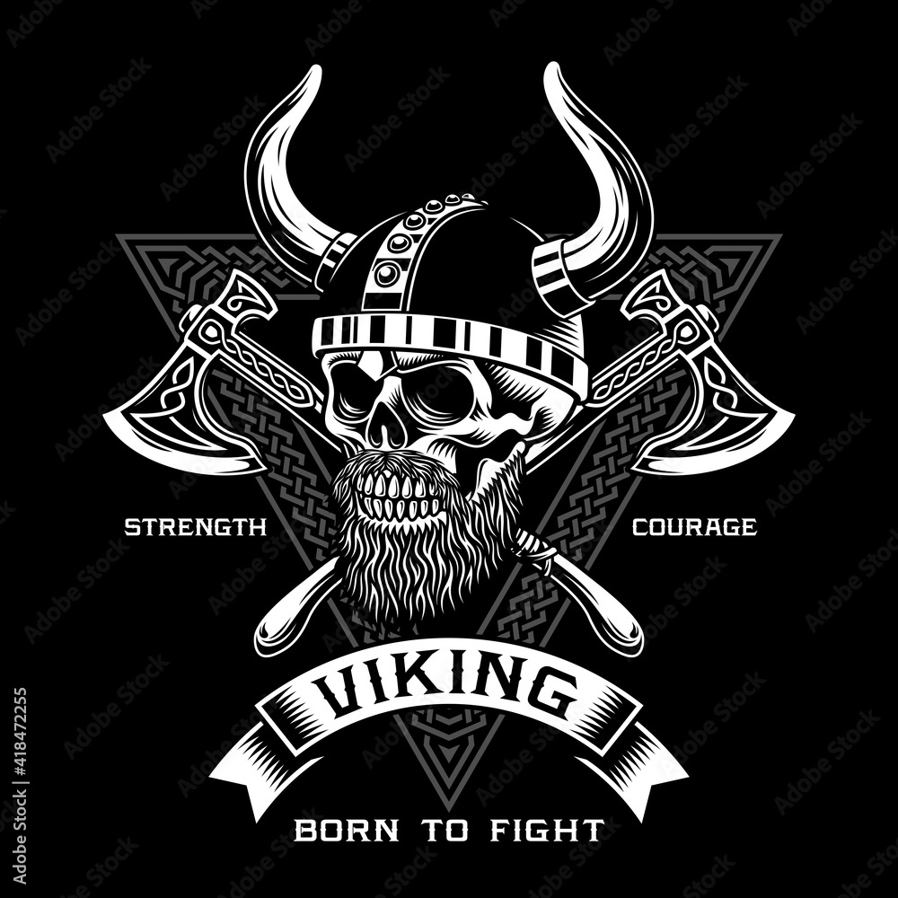 Bearded Viking Warrior Skull With Crossed Axes Vector Illustration ...