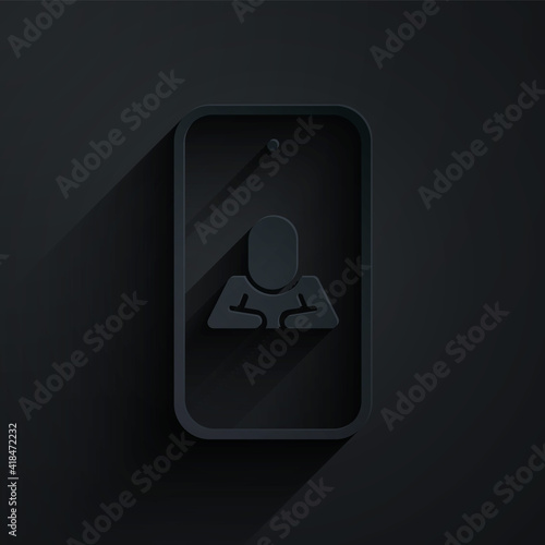 Paper cut Online psychological counseling distance icon isolated on black background. Psychotherapy, psychological help, psychiatrist online consulting. Paper art style. Vector.