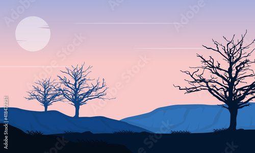 Stunning silhouette of mountains and dry trees at sunrise. Vector illustration