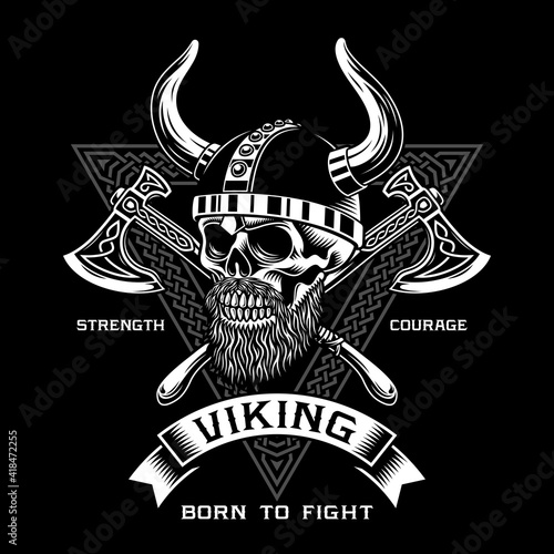 Bearded Viking Warrior Skull With Crossed Axes Vector Illustration