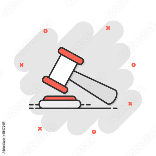 Vector cartoon auction hammer icon in comic style. Court tribunal sign illustration pictogram. Hammer business splash effect concept.