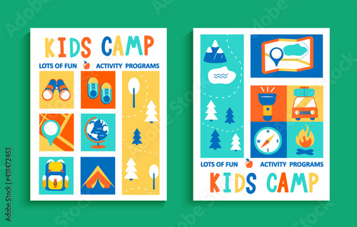 Set of Kids Summer camp flyers, concept with handdrawn lettering and camping and travelling equipment, tent, backpack and others in flat style, lots of fun and activity programs. Vector illustration.