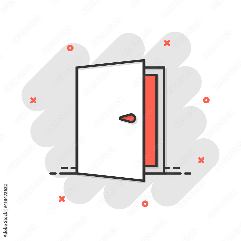 Vector cartoon door icon in comic style. Exit sign illustration pictogram. Open door business splash effect concept. Vector cartoon door icon in comic style. Exit sign illustration pictogram. Open door business splash effect concept.