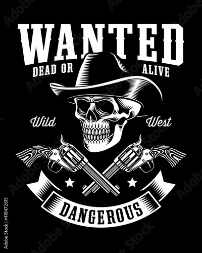 Vintage Cowboy Skull With Crossed Revolvers Vector 
Illustration