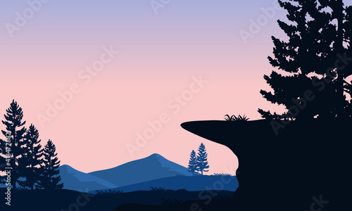 Nice silhouette of mountains in the morning with cypress trees around it. Vector illustration