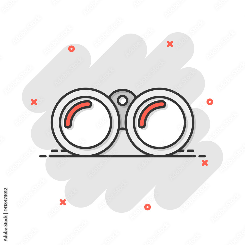 Vector cartoon binocular icon in comic style. Binoculars explore sign illustration pictogram. Binocular business splash effect concept. Vector cartoon binocular icon in comic style. Binoculars explore sign illustration pictogram. Binocular business splash effect concept.